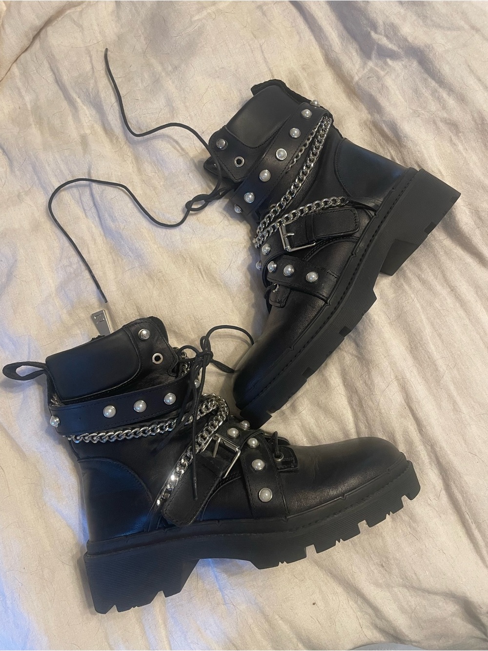 Zara Black Chain & Studded Combat Boots